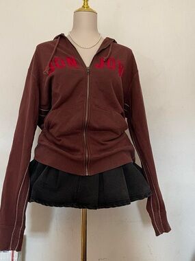 Vintage Brown Zip Hoodie with Red Lettering
